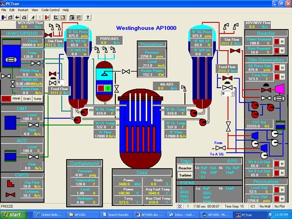 screenshot of PCTran simulator for the Westinghouse AP1000 running in Windows XP